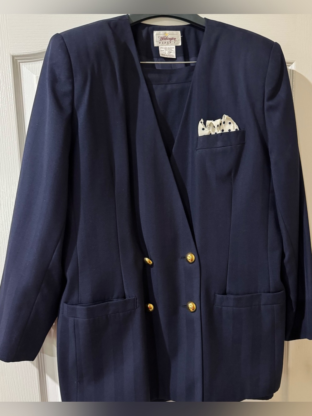 Vintage Worthington Navy Blue Striped Double Breasted Skirt Suit 18W